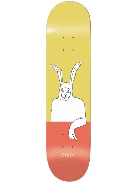 Enjoi tourettes yellow skateboard deck: A line drawing of a person in a white rabbit suit, leaning on a table, points a finger downward. The deck is split between yellow above and coral below, with a small brand name at the tail.