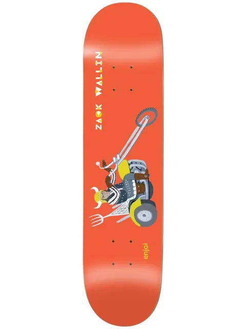 Enjoi Wallin Over Board skateboard deck: Orange deck with a cartoon horned viking-style character riding a chunky wheeled chopper with a pitchfork attached. Rider name in yellow lettering at the top.
