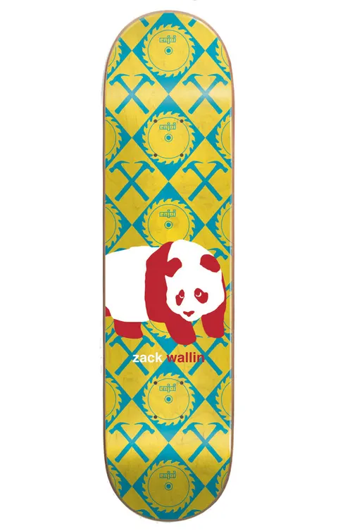 Enjoi Wallin Peekaboo Pro Panda Super Sap R7 8.5 & 9.0 skateboard deck: Red and white enjoi panda lying across a yellow deck patterned with teal diamonds containing circular saw blades and crossed hammers. 'zack wallin' is printed beneath the panda.