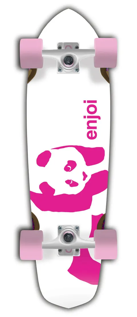 Enjoi Whitey Panda Cruiser Cruiserboard skateboard deck: Complete cruiser with a white deck, pointed nose and a large pink enjoi panda, partly cropped at the edge, with the pink enjoi wordmark running vertically. Pink wheels and white trucks.