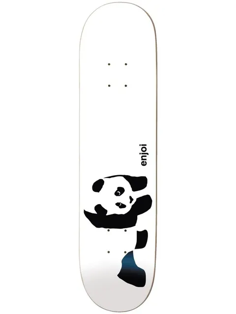 Enjoi Whitey Panda Logo skateboard deck: White deck with the black and white enjoi panda, a bear with a waving arm, crossing the lower half. A small enjoi wordmark runs vertically beside it.