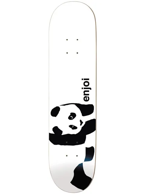 Enjoi Whitey Panda Logo Wide White skateboard deck: White deck with Enjoi's black panda logo, a big panda climbing in from the left edge and looking up, with 'enjoi' in lower-case black text above its shoulder.