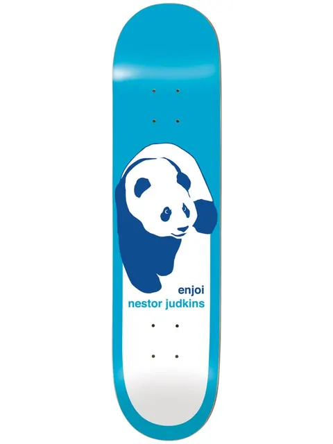 Enjoi judkins classic panda skateboard deck: Large dark blue and white panda walking forward on a white panel with a bright blue border. Brand and rider name printed beneath in blue.