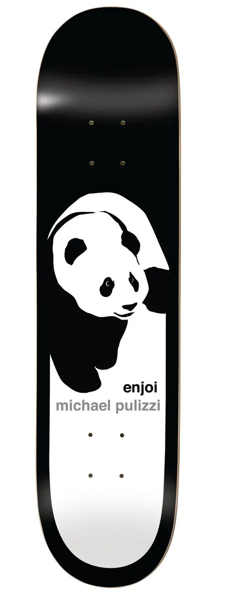 Enjoi pulizzi classic panda happy trees R7 8.25 & 8.5 skateboard deck: Enjoi's panda in black and white walking towards the viewer on a black deck with white lower section. Brand and rider names beneath the panda.