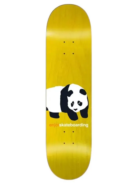 Enjoi peekaboo panda yellow skateboard deck: A black and white panda looking toward the viewer, cropped by the left edge of the deck, with 'enjoi skateboarding' in orange and white type beneath. Yellow-stained wood.