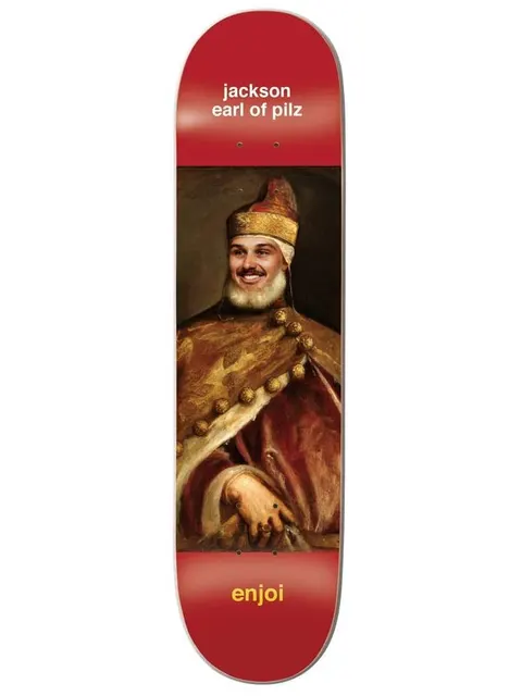 Enjoi pilz renaissance impact light skateboard deck: Renaissance-style oil portrait of a smiling bearded man in a gold cap and ornate red and gold robes, on a red deck. Jackson Earl of Pilz in white at the top and enjoi in yellow at the bottom.