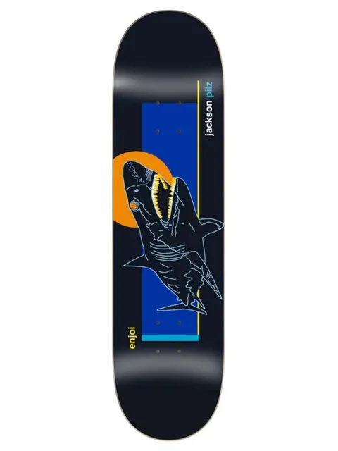Enjoi pilz skart skateboard deck: Navy deck with a blue-outlined line drawing of a shark with open yellow-toothed jaws against an orange circle and a blue rectangle. Rider name runs vertically at the right and enjoi sits at the bottom left.