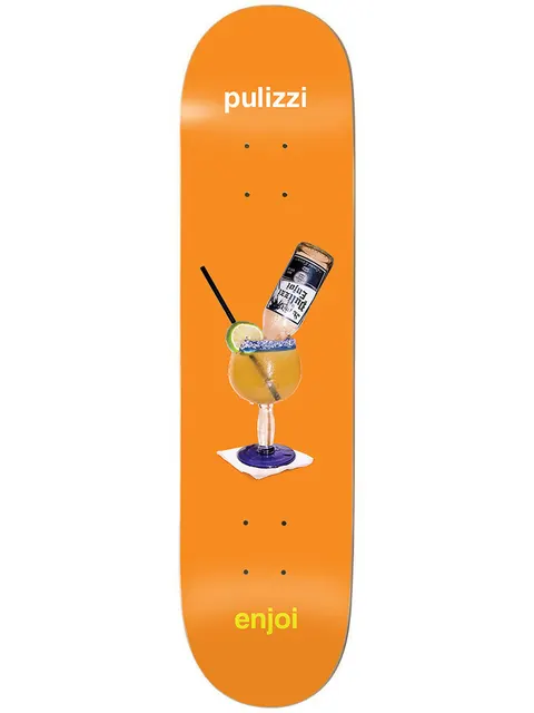 Enjoi pulizzi coronarita skateboard deck: Photo-style margarita in a stemmed glass with a lime wedge, salted rim and straw, with an upside-down beer bottle poured into it, on a plain orange deck. Rider name is at the top and brand at the bottom.