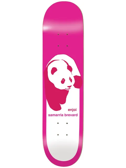 Enjoi Samarria Classic Panda Super Sap R7 8.0 & 8.5 skateboard deck: Hot pink deck with the classic Enjoi panda walking toward the viewer, drawn as a white and dark pink stencil-style silhouette on a white panel. Small pink text beside it gives the brand and rider name.