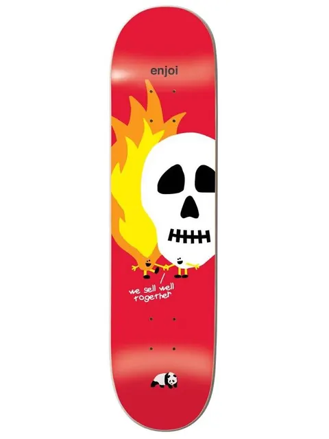 Enjoi skulls and flames red skateboard deck: A simple white skull and a yellow-orange flame character holding hands, with the caption we sell well together, on a red deck. Enjoi lettering at the top and a panda logo at the tail.