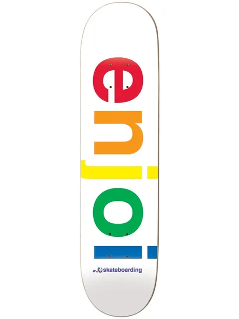 Enjoi Specturm R7 8.0 & 8.25 skateboard deck: White deck with the word enjoi in large lower-case letters running up the board, each letter a different spectrum colour: red, orange, yellow, green and blue. Small panda logo and 'skateboarding' text near the tail.
