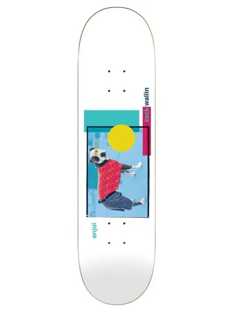 Enjoi wallin skart skateboard deck: A collage-style panel with a pug-like dog in a red floral shirt and jeans, standing on a blue background with a yellow circle and teal and magenta blocks. The rider name is in vertical type, with Enjoi at the tail.
