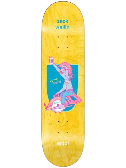 Enjoi Wallin Thirdeye R7 8.25 skateboard deck: A naive-style drawing of a pink-haired figure in blue skin riding a circular saw and raising a beer can, set in a blue arched panel on a yellow wood-stained deck. Name at the top, logo at the tail.