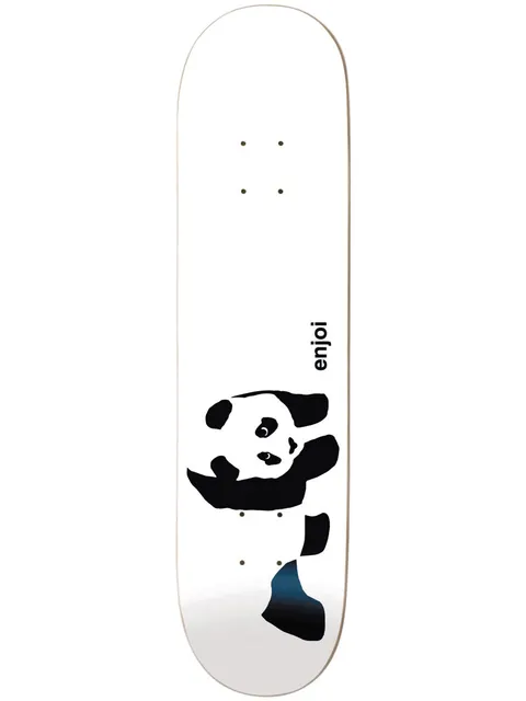 Enjoi Whitey Panda Logo Yth R7 7.5 skateboard deck: A black panda silhouette on a plain white deck, with a blue shaded patch on its rear leg. The enjoi name is printed vertically beside it.
