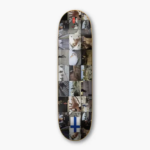 Flip Arto Saari x éS Collectors Edition skateboard deck: Grid collage of many small photographs of skateboarding on stairs, ledges and rails, with a red Flip logo at the nose and a small Finnish flag near the tail.