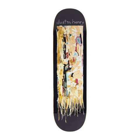 Frog Auntie (Dustin Henry) skateboard deck: Collage of torn paper, fabric and flower fragments in cream, gold and red, hanging with frayed threads in a tall panel, on a black deck. The rider's name is stitched in white thread at the top.