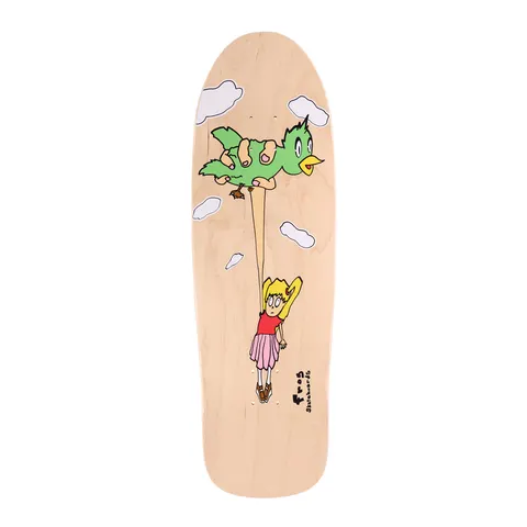 Frog Bird Girl (Pat G) skateboard deck: Cartoon on a natural maple shaped deck: a green bird held by a giant hand lifts a small blonde girl in a red top and pink skirt by a string, with white clouds around.