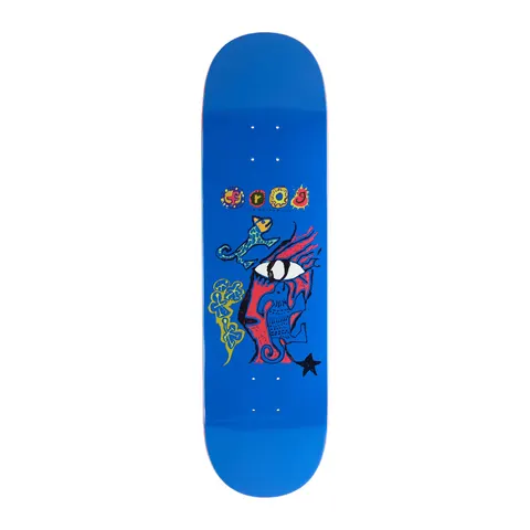 Frog Breath of Stars skateboard deck: Naive, hand-drawn style face in red and blue with a large staring eye, beside a spotted lizard, yellow clover-like shapes and a black star, under a bubbly multicoloured Frog wordmark on bright blue.