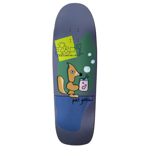 Frog Bubbly (Pat G) skateboard deck: Naive drawing of a brown fox-like animal sipping from a pink can with bubbles rising, against a green blob and blue patch on a purple-grey shaped deck. A yellow label with scribbled logo, Frog Skateboards and the rider name.