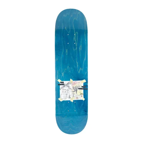 Frog Bug Finder (Nick Michel) skateboard deck: Blue-stained wood deck with a small taped-on pencil and watercolour sketch panel near the bottom, showing doodled creatures and a face, with black label-tape strips for the names.