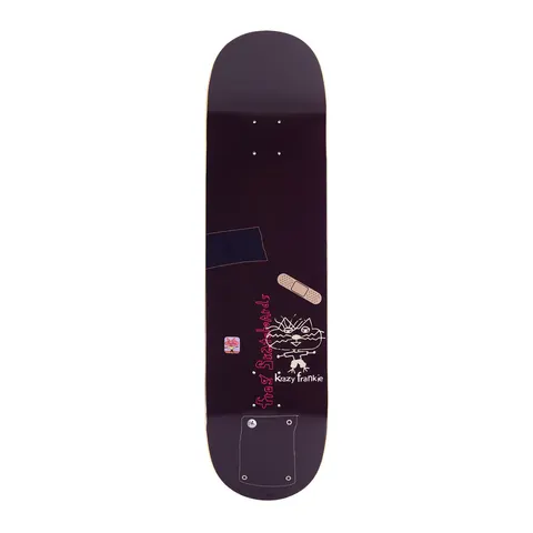 Frog Cat Daddy (Frankie Decker) skateboard deck: Dark aubergine deck with a childlike drawing of a cat-faced figure labelled Krazy Frankie, a plaster, a navy tape patch and a stitched pocket outline, with pink Frog Skateboards lettering.