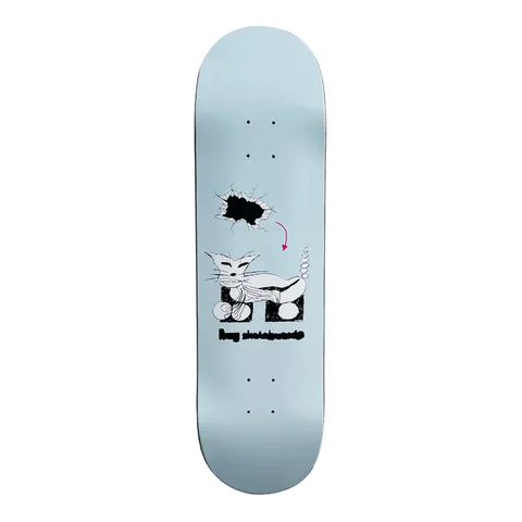 Frog Cat Escape! (Blue) skateboard deck: Line drawing of a white cat with yarn balls and a coiled tail, beside a hole smashed in a wall with a pink arrow pointing to it. Frog Skateboards text beneath on a pale blue deck.