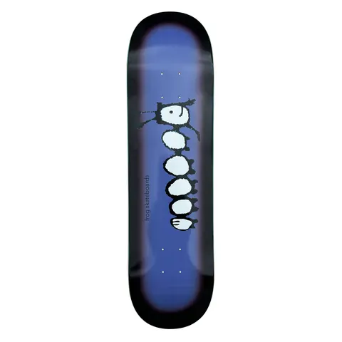 Frog Caterpillar skateboard deck: Blue deck with a dark vignette edge and a hand-drawn black-outlined caterpillar made of six white round segments with a face and stick arms. 'frog skateboards' runs up the side in small type.