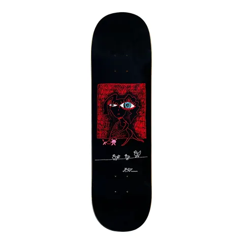 Frog Chickens (Black) skateboard deck: A red scribbled square holds a drawn woman's face with one large blue eye and a pink figure at her feet. Below, three small white chickens stand on a line above a signature and logo on a black deck.