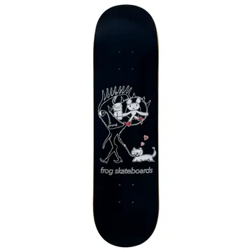 Frog Coffee 2 Go 8.25 skateboard deck: Black deck with a white line drawing of a spiky-haired figure walking a small cat on a lead, carrying cartoon creatures in a bubble, with red hearts. Frog skateboards in small lower-case text below.