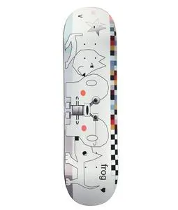 Frog Computer 8.25 skateboard deck: White deck with a line-drawn pair of animal faces mirrored around a retro computer or camera-like device, with pink cheek dots, a metallic star at the top and a colourful pixel checkerboard strip down one edge.