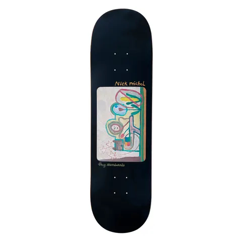 Frog Corn Free (Nick Michel) skateboard deck: Black deck with a framed naive painting of colourful abstract faces, stars, a corn cob with a prohibition sign and a saxophone-like shape. Artist name in orange script above, Frog skateboards below.