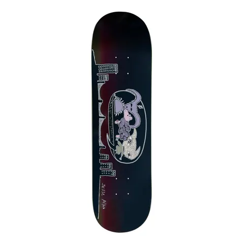 Frog Cream City - Jesse Alba (Black) skateboard deck: A white line drawing of a city skyline of tall buildings down the left edge, with an oval vignette of a whale, a poodle-like animal and a bird figure, in purple and grey on a dark navy deck.