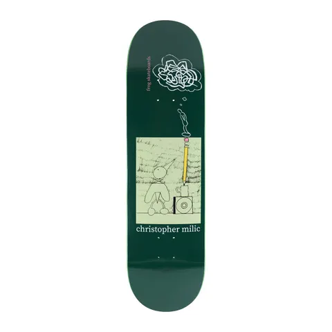 Frog Creative Block (Chris Milic) skateboard deck: Pale green framed line drawing of a long-nosed figure sitting beside a speaker while a giant pencil points up to a scribbled thought cloud, on a dark green deck. Brand and rider name in small text.