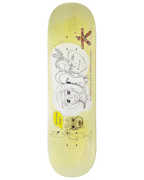 Frog Cursed (Milic) 8.5 skateboard deck: Loose pen drawings of odd faces and a small figure on a pale yellow deck, with a speech bubble 'curse you frog !!' and the line 'it's okay frog, we've all been cursed...', plus a small colourful patterned X shape near the top.