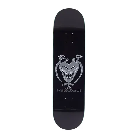 Frog Dear George 2 skateboard deck: Black deck with a grey, crudely drawn grinning demonic face with fangs and curling horns, with the word skateboards in white lettering beneath.