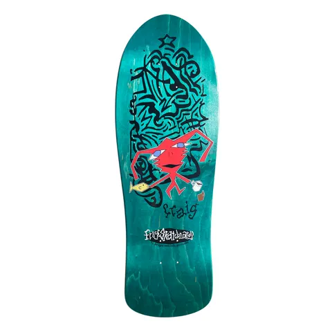 Frog Delusional Craig - Milic (Various) skateboard deck: Old-school shaped deck with a dense black scribbled maze of abstract line work topped with a star, and a red stick-figure creature carrying a coffee cup and a yellow fish. Craig signature and Frog Skateboards logo at the bottom.