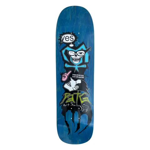 Frog Disobediant Child (Pat G) skateboard deck: Blue-stained shaped deck with a cartoon grim reaper skull in glasses winking under a 'yes' thought bubble, a pink pointing hand with the question 'is that all you want to do with your life?', and a snarling black wolf-like head with green 'Pat G' lettering.