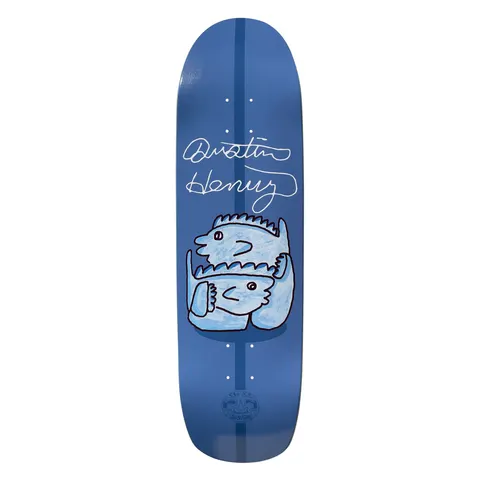 Frog Dustin Henry Pro skateboard deck: Blue pill-shaped deck with the rider's signature in white script above a naive line drawing of two pale blue fish heads stacked together, with a small circular logo near the tail.