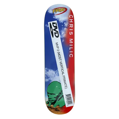 Frog Dwayne (Chris Milic) skateboard deck: A cloudy blue sky fading to red at the right, with a green stone head at the bottom and a white DVD-style label across the deck reading MVP 2, complete with barcode. The Frog logo is at the top.