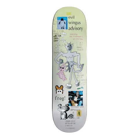 Frog Evil Wingus - Pat G (Yellow) skateboard deck: Cluttered internet-style collage on a pale yellow-green fade, with a penguin photo, a pink rabbit, a spindly grey figure, hamsters, emoticons and a photo of a man in a leather jacket. Text blocks read Evil Wingus Advisory and frog.