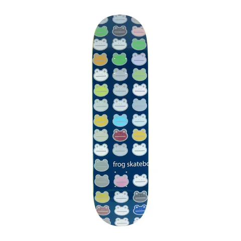 Frog Nation skateboard deck: Navy deck covered in a grid of simple frog faces in assorted pastel and bright colours, with the words frog skateboards in white, cut off by the edge near the tail.