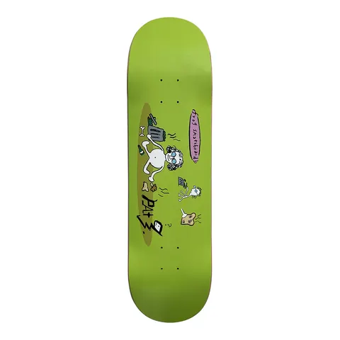 Frog Garbage Eater - Pat G (Green) skateboard deck: Naive cartoon drawing of a pale figure in glasses surrounded by bins, bones, rubbish and stinking toast, with a pink Frog Skateboards oval and scrawled Pat G on a lime green deck.