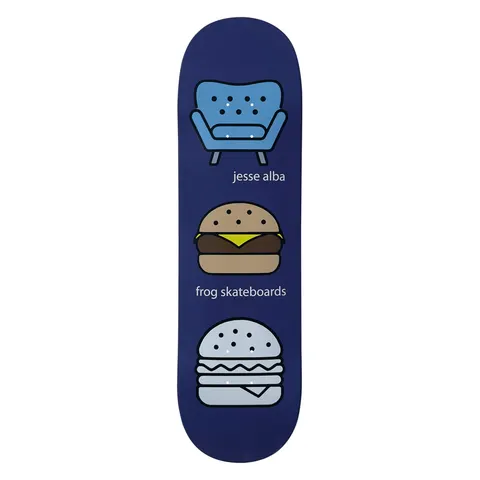 Frog Ghost Burger (Jesse Alba) skateboard deck: Three flat icon-style illustrations stacked on navy: a blue armchair, a cheeseburger and a pale grey ghost burger, with white lowercase captions between them.