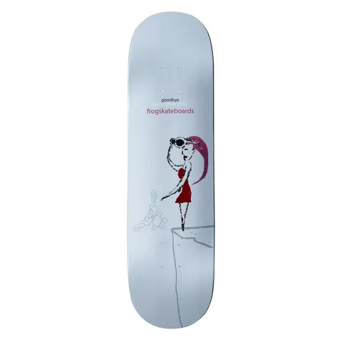 Frog Goodbye (Chis Milic) skateboard deck: A sketchy figure in a red dress with a pink ponytail and sunglasses stands at a cliff edge, a faint outline of a toy rabbit lying nearby. Small text at the top names the skater and brand, on pale grey-blue.