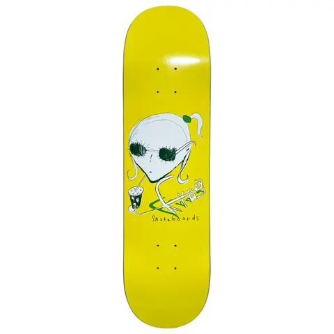 Frog Iced Coffee Girl skateboard deck: Scribbled pale alien girl with a ponytail and dark sunglasses holding a cup with a straw, with a green skateboard doodle and handwritten 'Skateboards', on a bright yellow deck.