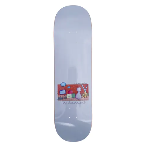 Frog Indoor Voices (Frankie Decker) skateboard deck: A small crayon-style drawing on a red panel shows a television, a ball, books, a scissors and a stitched hourglass shape, with a cloud above. It sits low on a plain pale grey deck with small text.
