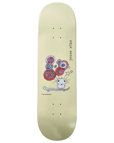 Frog Jess Alba 8.6 skateboard deck: A childlike crayon drawing of a small character with spiky hair on a skateboard, with a cluster of red, blue and purple scribbled circles above its head and a star. Pale yellow deck with jesse alba printed vertically.