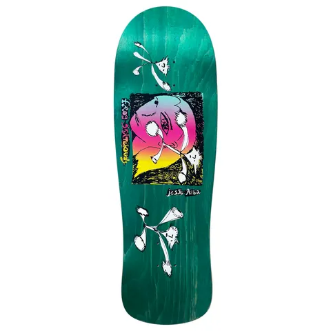 Frog Jesse Alba Pro Model 10 skateboard deck: Old-school shaped deck with a framed scribbled face in a pink to yellow gradient, with small white tufted flower or creature figures scattered above and below, and a handwritten signature.