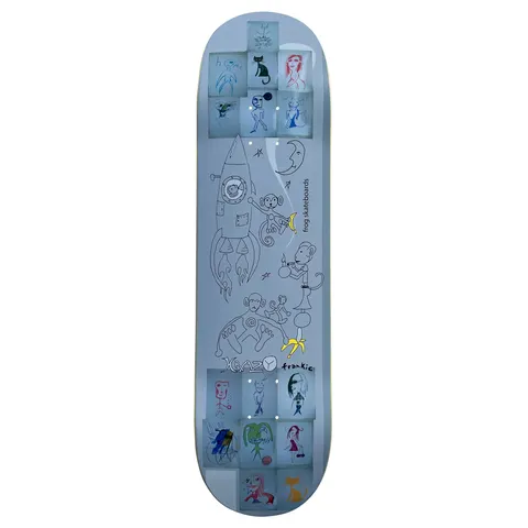 Frog Krazy Frankie Pro 8.5 skateboard deck: Naive pencil-style drawings on a pale blue deck: a rocket, a moon with a face and monkeys playing with bananas, with small framed scribbled figures and cats in grids at the nose and tail. Krazy Frankie and frog skateboards lettering.