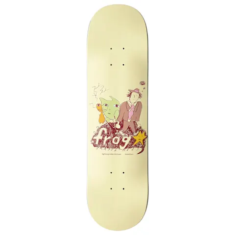 Frog Lightning Strikes The Brain, Sometimes... 8.00 skateboard deck: Childlike scribbled drawing of a green creature, an orange bird and a man in a brown suit and pink tie on a red scribble mound, with lightning marks and a star, on a pale yellow deck.